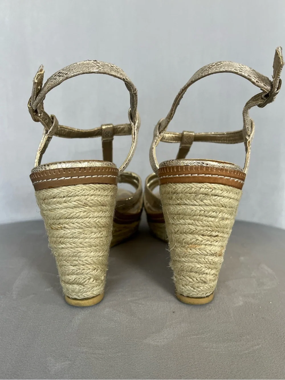 Bandolino Metallic Gold Snakeskin Espadrilles Wedge Sandals
